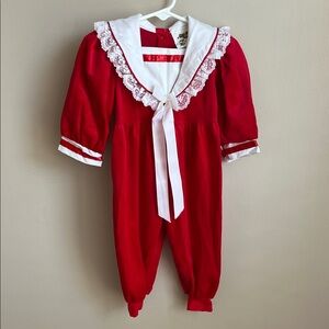 Vintage 90s Red Velvet Bubble Jumpsuit Lace Bib Collar, 24 months